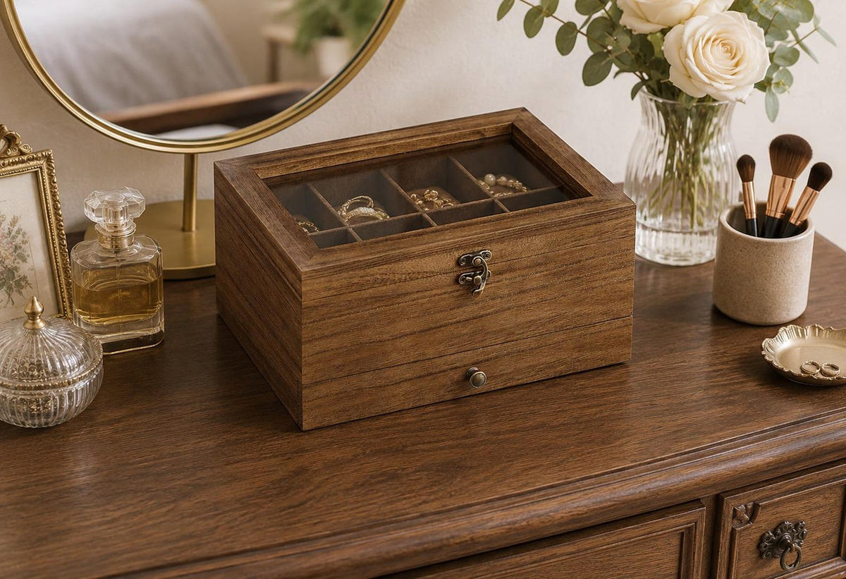 8 Slot Rustic Walnut Wood Watch Box with Drawer, Glass Lid Jewelry Organizer