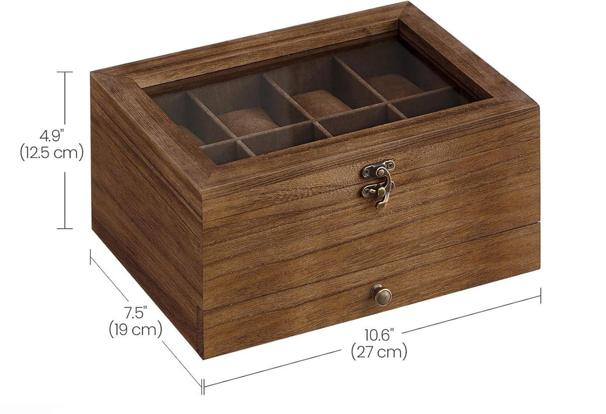 8 Slot Rustic Walnut Wood Watch Box with Drawer, Glass Lid Jewelry Organizer