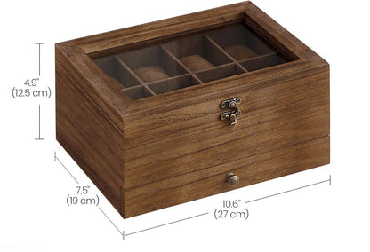 8 Slot Rustic Walnut Wood Watch Box with Drawer, Glass Lid Jewelry Organizer