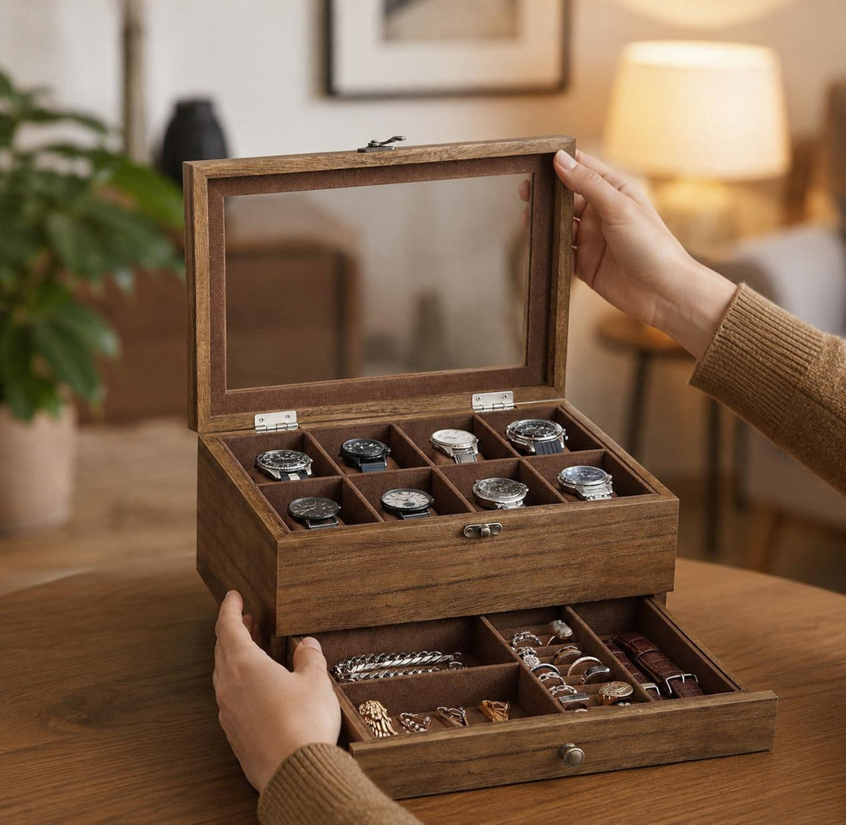 8 Slot Rustic Walnut Wood Watch Box with Drawer, Glass Lid Jewelry Organizer