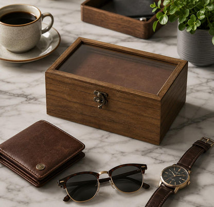 8 Slot Rustic Walnut Wood Watch Box with Drawer, Glass Lid Jewelry Organizer