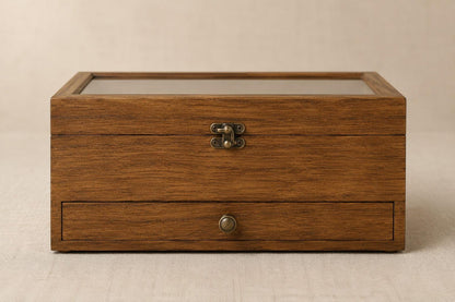8 Slot Rustic Walnut Wood Watch Box with Drawer, Glass Lid Jewelry Organizer