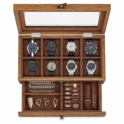 8 Slot Rustic Walnut Wood Watch Box with Drawer, Glass Lid Jewelry Organizer