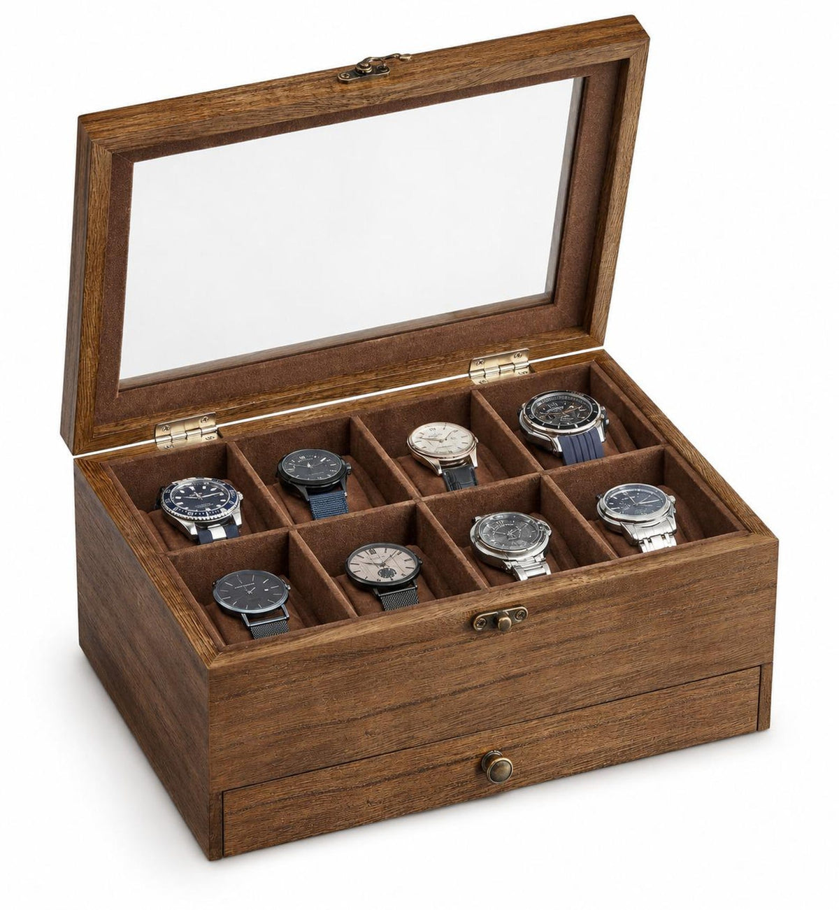 8 Slot Rustic Walnut Wood Watch Box with Drawer, Glass Lid Jewelry Organizer