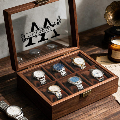 6/8/12 Slots Personalized Solid Walnut Watch Box with Drawer, Custom Initials Watch Organizer, Gifts for Groomsmen, Dad, Husband,Anniversary