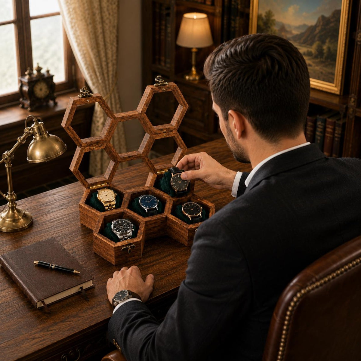 Handmade Rosewood Hexagon Watch Box DIsplay - | Anniversary Gift for Husband