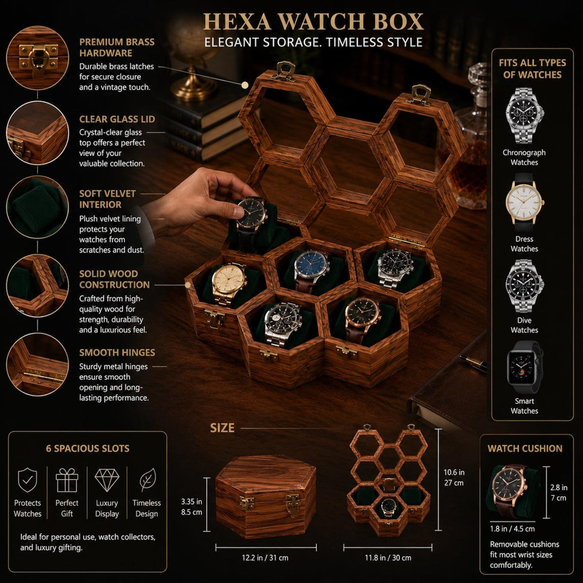 Handmade Rosewood Hexagon Watch Box DIsplay - | Anniversary Gift for Husband