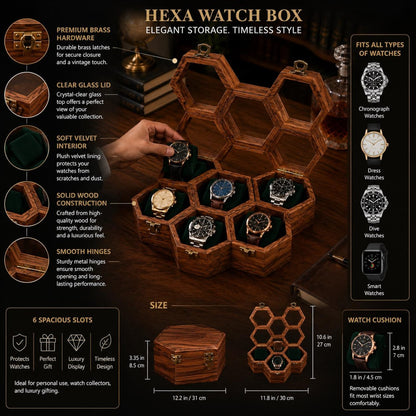 Handmade Rosewood Hexagon Watch Box DIsplay - | Anniversary Gift for Husband