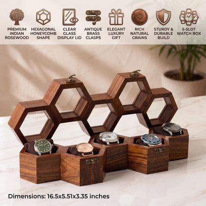 Wooden Watch Box, Honeycomb Display Case, Glass Lid Organizer, Rosewood - Gift for him