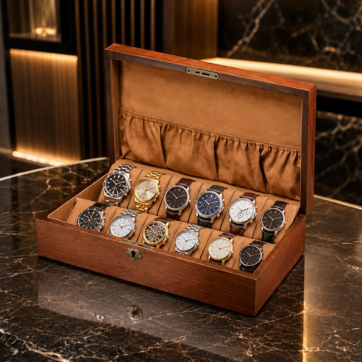 12 Slot Wooden Watch Box, Display Case, Storage Organizer Gift for Him