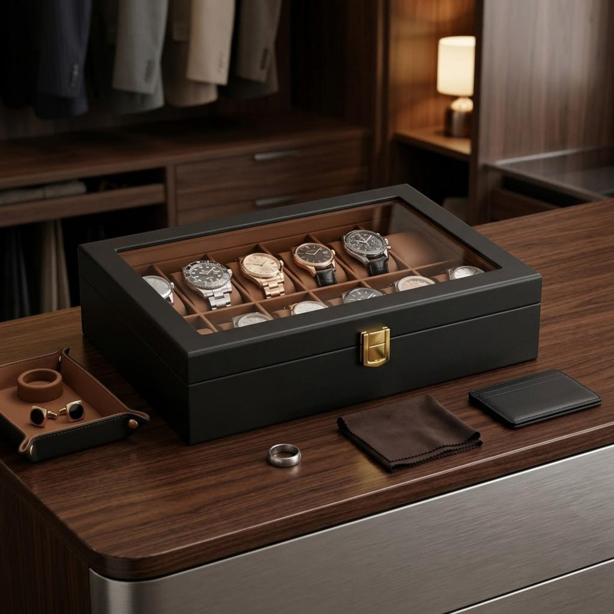 Wooden Watch Box for Men with Glass Lid, 6 10 12 Slot Watch Organizer, Black Watch Display Case, Jewelry Storage, Gift for Him