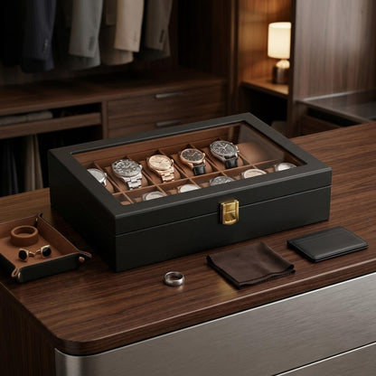 Wooden Watch Box for Men with Glass Lid, 6 10 12 Slot Watch Organizer, Black Watch Display Case, Jewelry Storage, Gift for Him