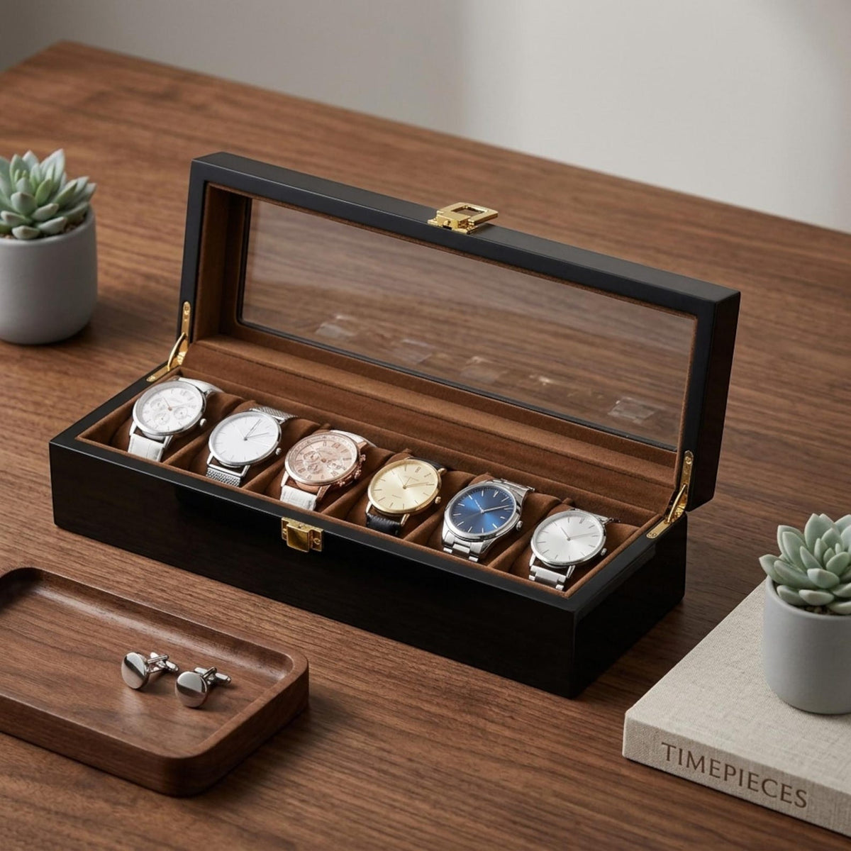 Wooden Watch Box for Men with Glass Lid, 6 10 12 Slot Watch Organizer, Black Watch Display Case, Jewelry Storage, Gift for Him
