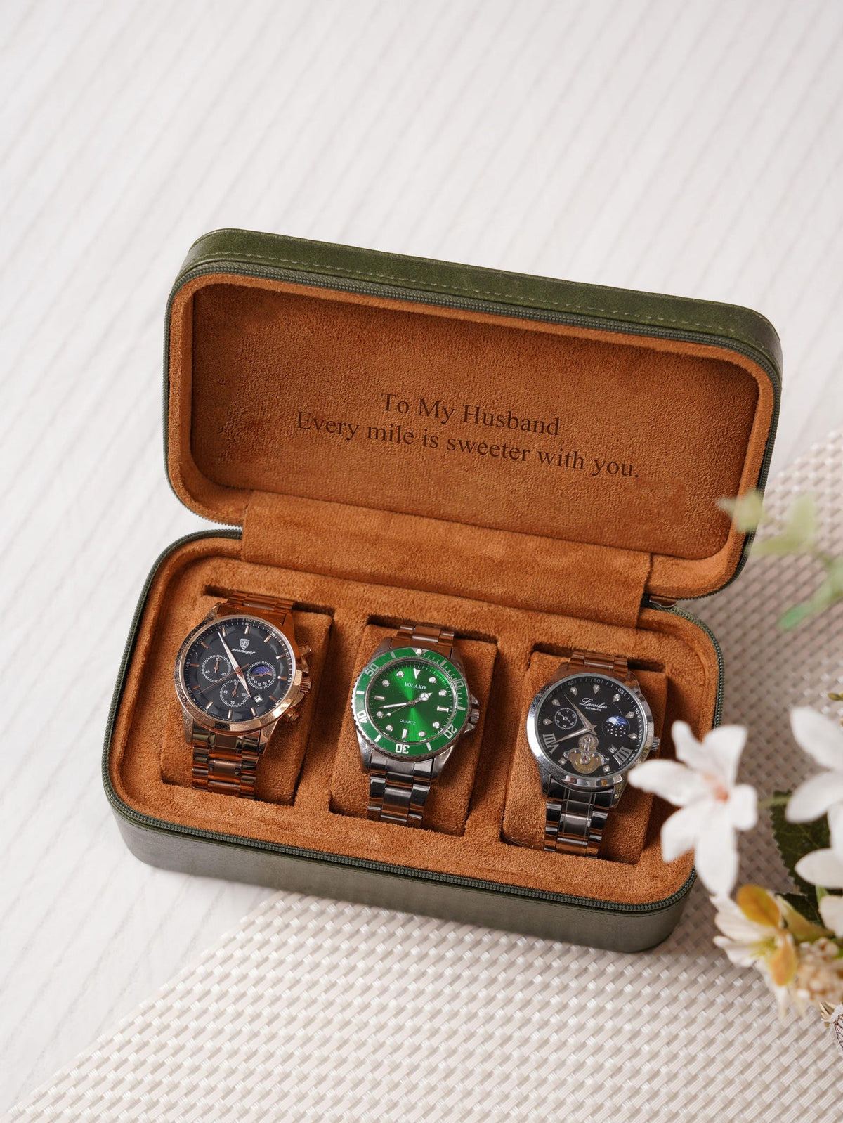Custom 3 Watch Travel Case for Men, Personalized Watch Box with Foil Initials & Inside Engraving, Groom Husband Dad Gift