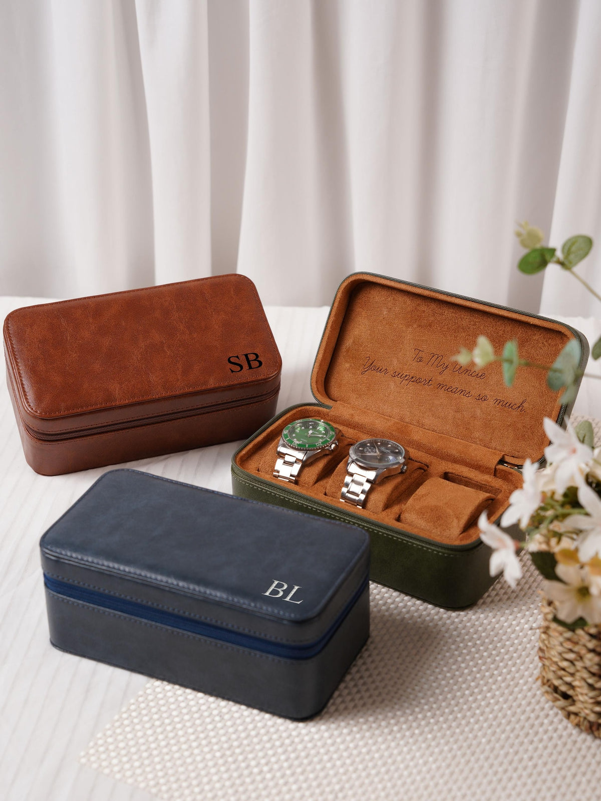 Custom 3 Watch Travel Case for Men, Personalized Watch Box with Foil Initials & Inside Engraving, Groom Husband Dad Gift