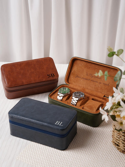 Custom 3 Watch Travel Case for Men, Personalized Watch Box with Foil Initials & Inside Engraving, Groom Husband Dad Gift
