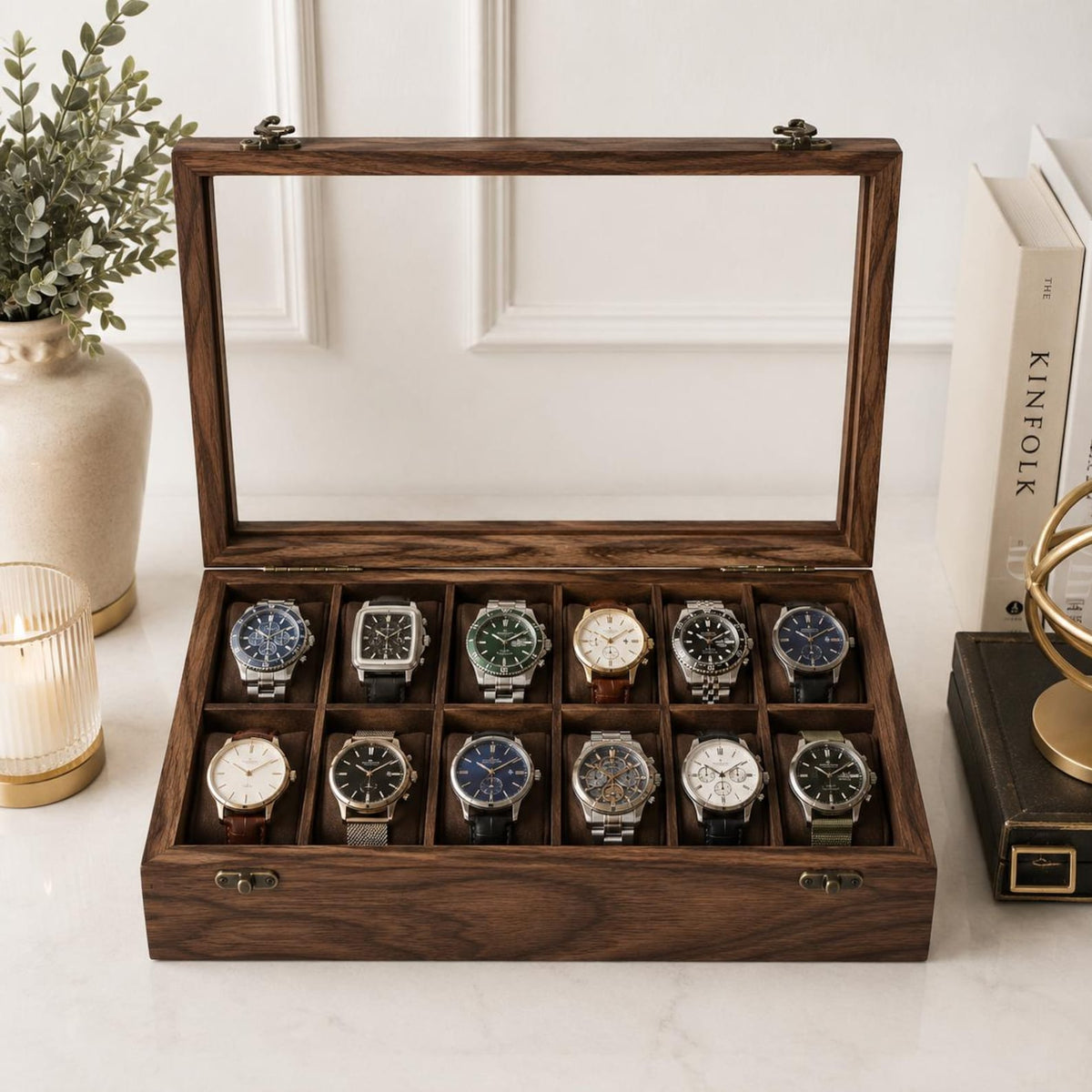 Personalized Wooden Watch Box 2-12 Slot, Glass Top Watch Organizer, Engraved Watch Display Case, Gift for Husband, Dad, Anniversary Gift