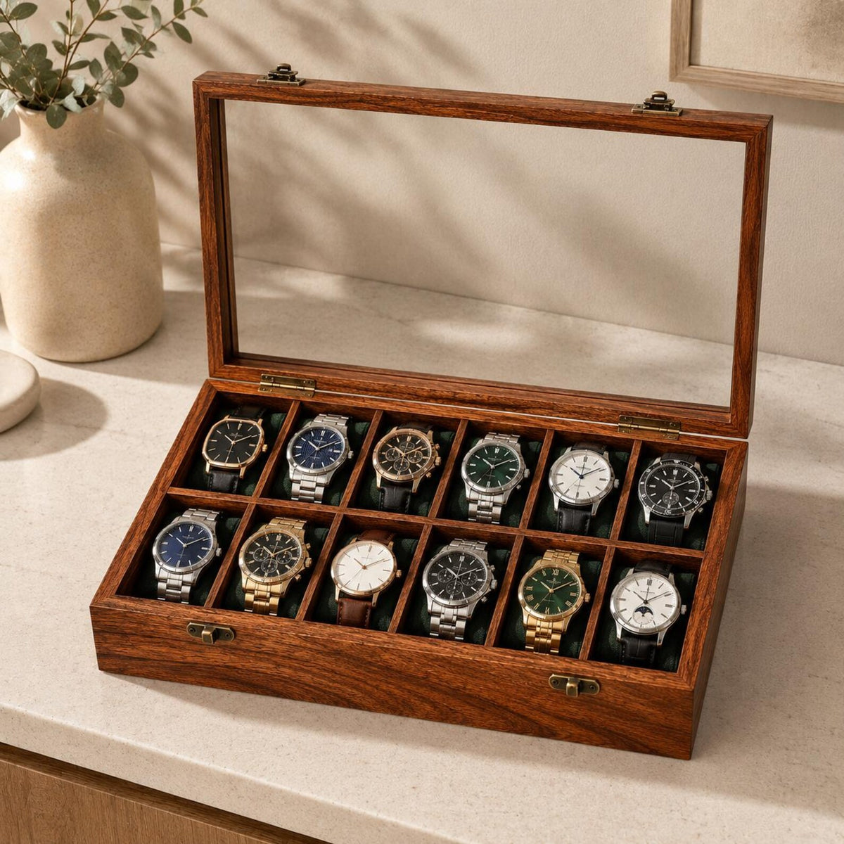 Personalized Wooden Watch Box 2-12 Slot, Glass Top Watch Organizer, Engraved Watch Display Case, Gift for Husband, Dad, Anniversary Gift