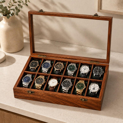 Personalized Wooden Watch Box 2-12 Slot, Glass Top Watch Organizer, Engraved Watch Display Case, Gift for Husband, Dad, Anniversary Gift