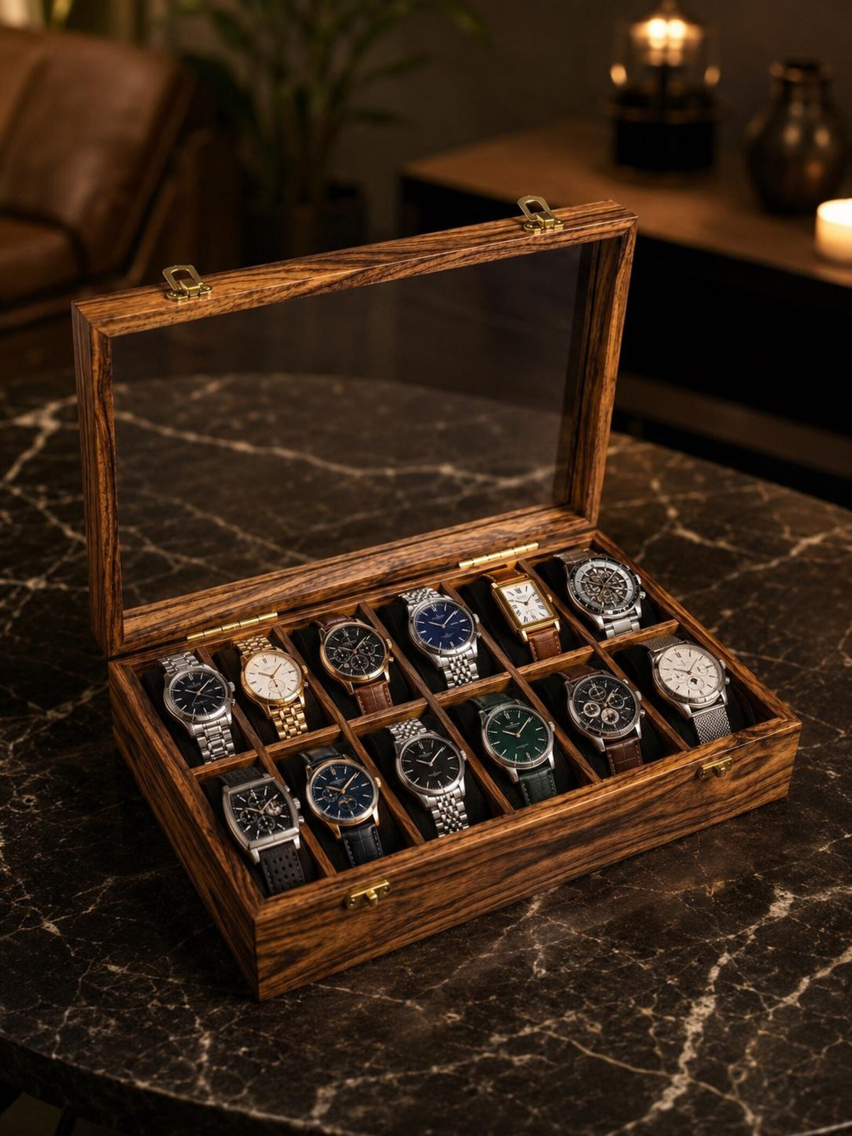 Personalized Wooden Watch Box 2-12 Slot, Glass Top Watch Organizer, Engraved Watch Display Case, Gift for Husband, Dad, Anniversary Gift