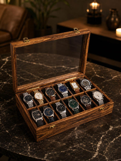 Personalized Wooden Watch Box 2-12 Slot, Glass Top Watch Organizer, Engraved Watch Display Case, Gift for Husband, Dad, Anniversary Gift