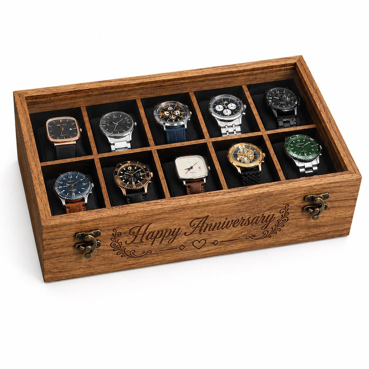 Personalized Wooden Watch Box 2-12 Slot, Glass Top Watch Organizer, Engraved Watch Display Case, Gift for Husband, Dad, Anniversary Gift