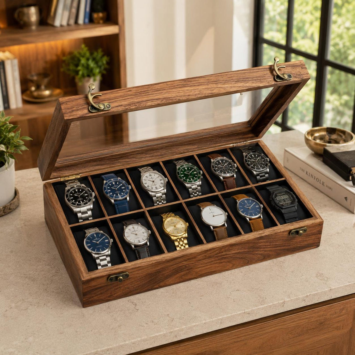 Personalized Wooden Watch Box 2-12 Slot, Glass Top Watch Organizer, Engraved Watch Display Case, Gift for Husband, Dad, Anniversary Gift