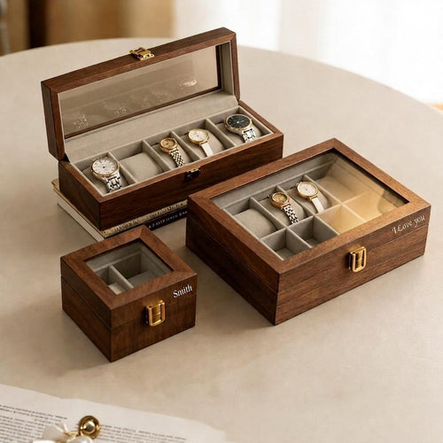 Custom Walnut Watch Box, Glass Lid Watch Case for Men, Gift for Dad Husband Boyfriend Groomsmen