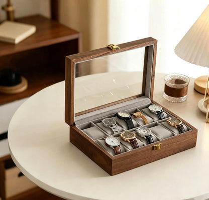 Custom Walnut Watch Box, Glass Lid Watch Case for Men, Gift for Dad Husband Boyfriend Groomsmen