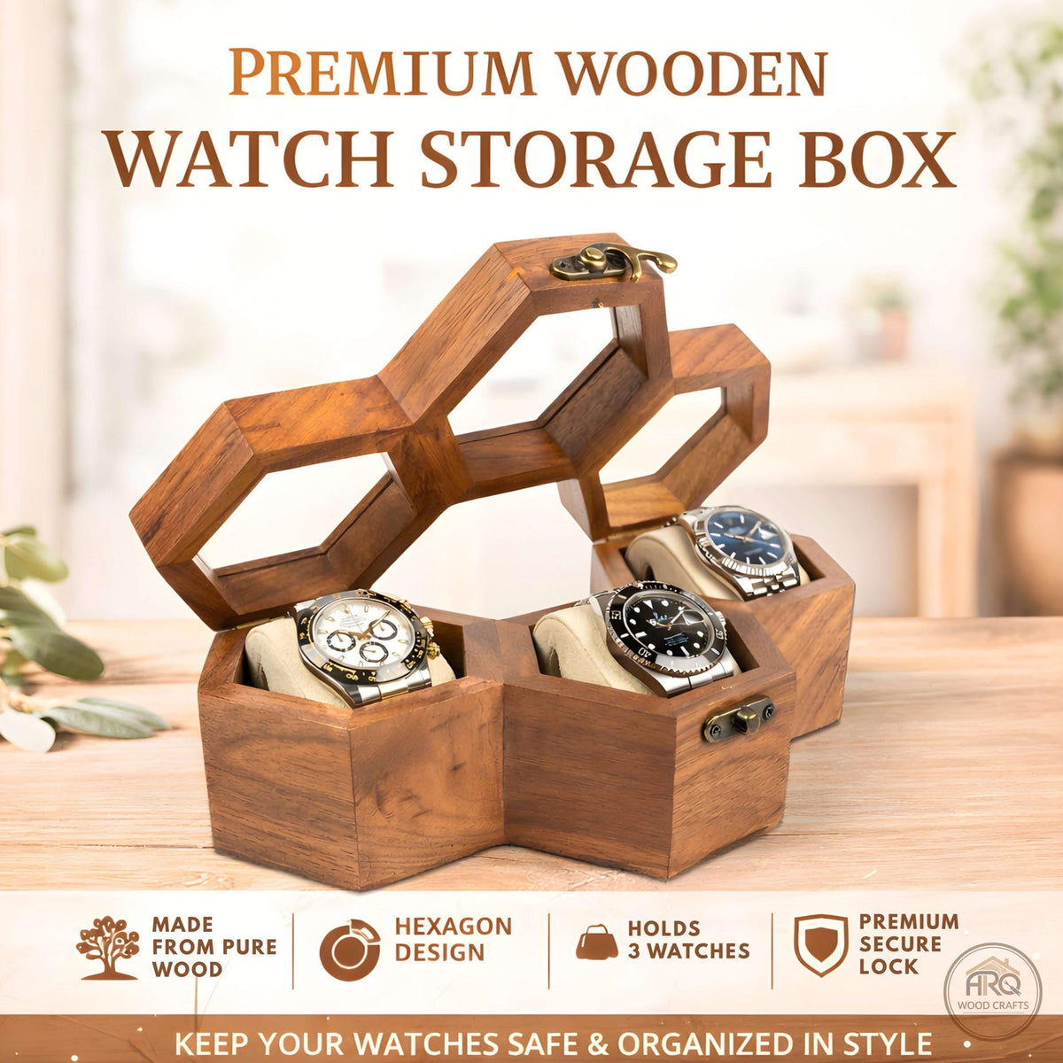 Wooden Watch Box, Rosewood Display Case, Honeycomb Design, Handmade Jewelry Storage