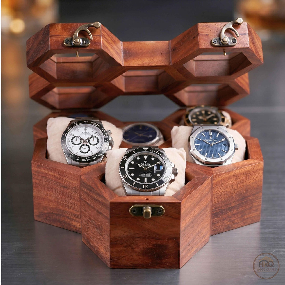 Wooden Watch Box, Rosewood Display Case, Honeycomb Design, Handmade Jewelry Storage