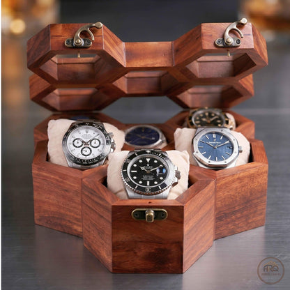 Wooden Watch Box, Rosewood Display Case, Honeycomb Design, Handmade Jewelry Storage