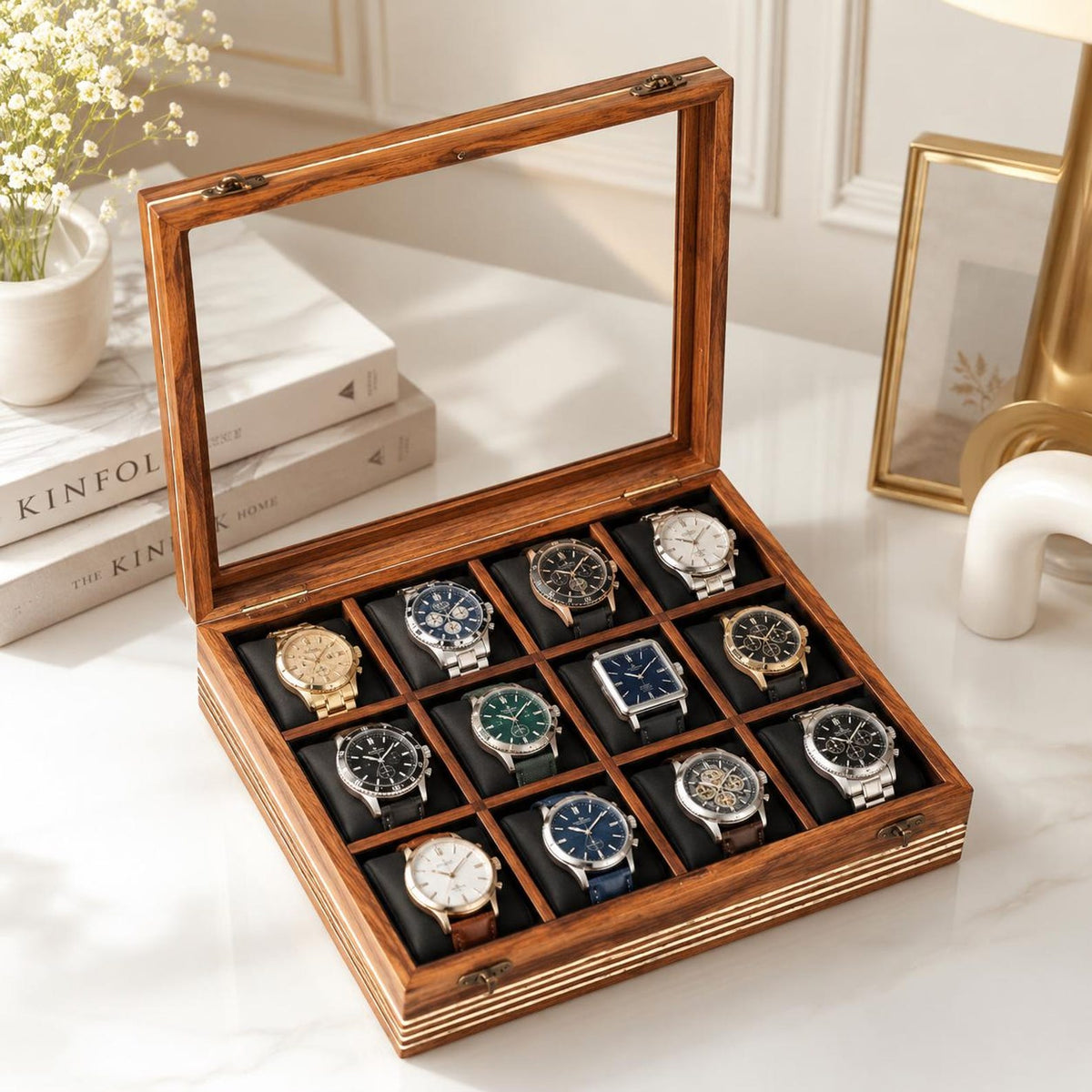 Personalized Wooden Watch Box, 2-12 Slot Watch Organizer, Rosewood Watch Display Case, Glass Lid, Luxury Storage Box, birthday Gift for Men