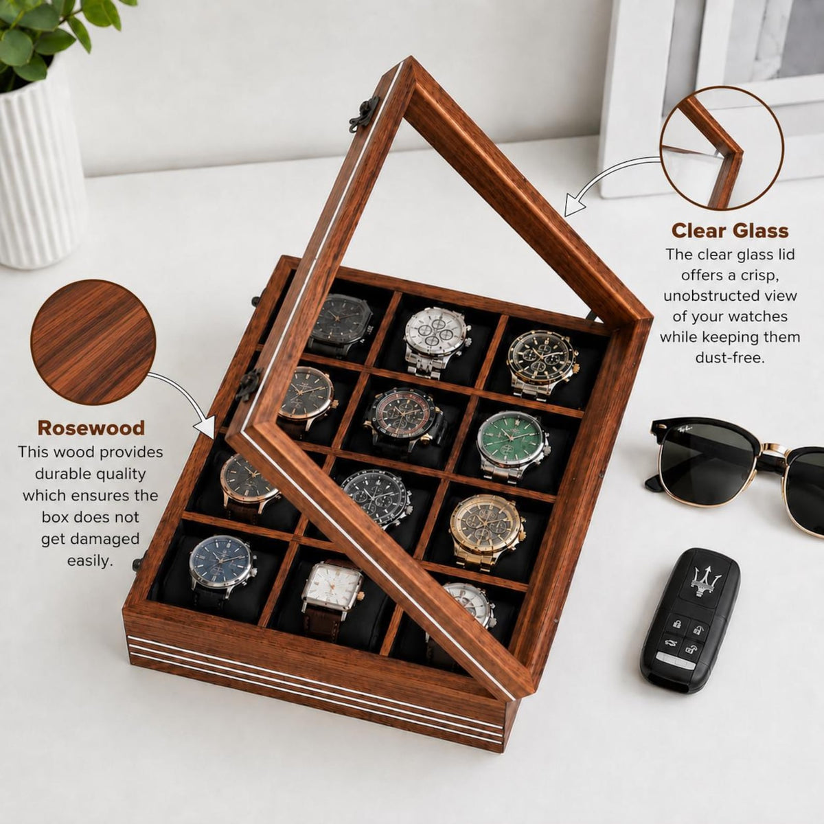 Personalized Wooden Watch Box, 2-12 Slot Watch Organizer, Rosewood Watch Display Case, Glass Lid, Luxury Storage Box, birthday Gift for Men
