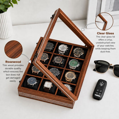 Personalized Wooden Watch Box, 2-12 Slot Watch Organizer, Rosewood Watch Display Case, Glass Lid, Luxury Storage Box, birthday Gift for Men