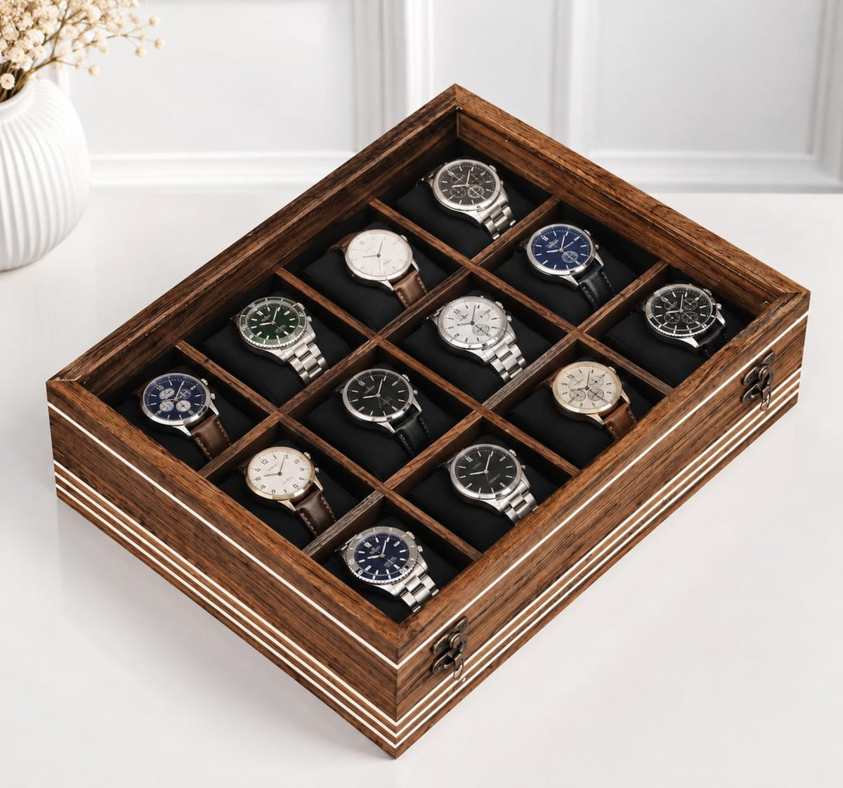 Personalized Wooden Watch Box, 2-12 Slot Watch Organizer, Rosewood Watch Display Case, Glass Lid, Luxury Storage Box, birthday Gift for Men