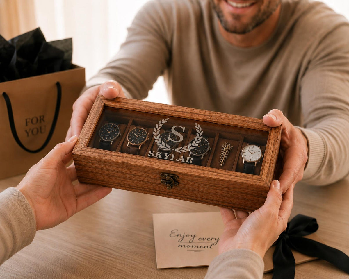 Personalized Wood 6-Slot Watch Box: Engraved Display Case Gift