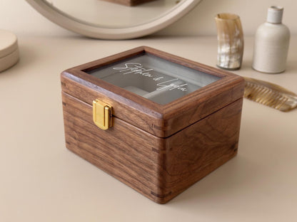 Personalized Walnut Watch Box with Glass Lid, Custom Printed Watch Organizer Case, Mens Watch Storage Display, Gift for Husband Dad Him