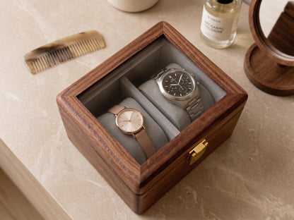 Personalized Walnut Watch Box with Glass Lid, Custom Printed Watch Organizer Case, Mens Watch Storage Display, Gift for Husband Dad Him