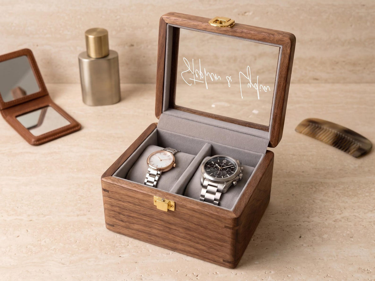 Personalized Walnut Watch Box with Glass Lid, Custom Printed Watch Organizer Case, Mens Watch Storage Display, Gift for Husband Dad Him