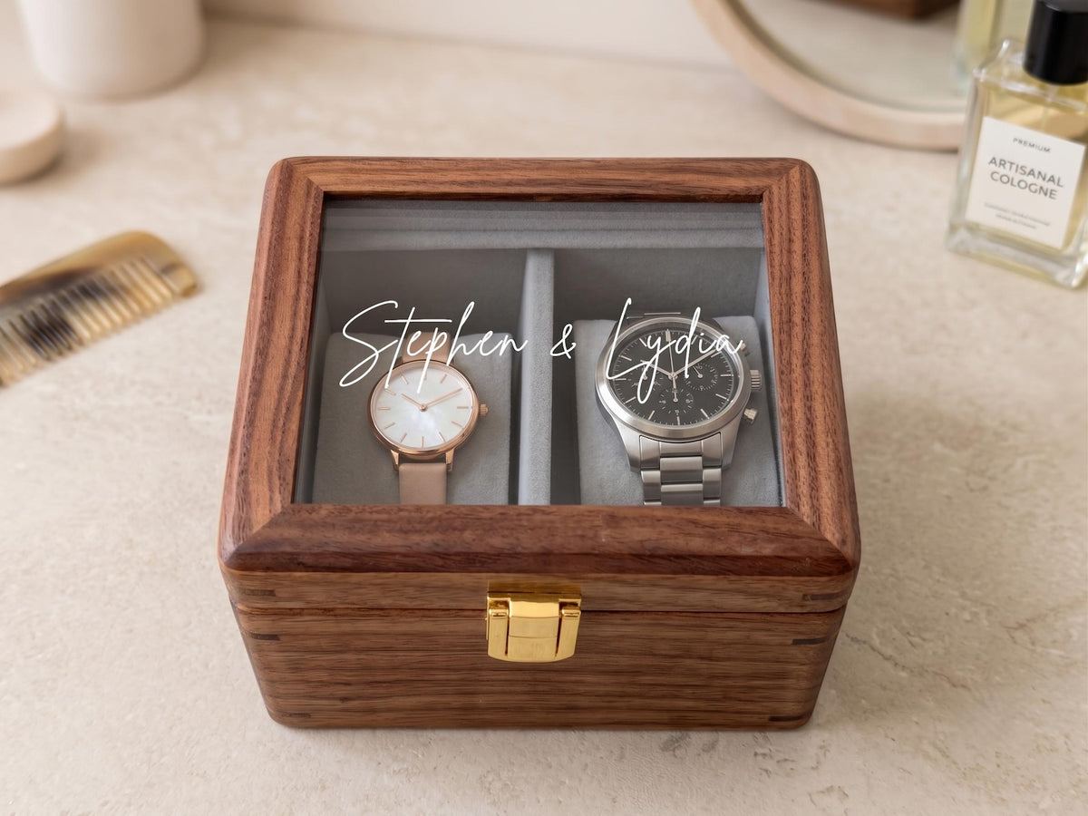 Personalized Walnut Watch Box with Glass Lid, Custom Printed Watch Organizer Case, Mens Watch Storage Display, Gift for Husband Dad Him