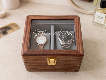 Personalized Walnut Watch Box with Glass Lid, Custom Printed Watch Organizer Case, Mens Watch Storage Display, Gift for Husband Dad Him