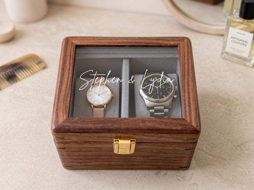 Personalized Walnut Watch Box with Glass Lid, Custom Printed Watch Organizer Case, Mens Watch Storage Display, Gift for Husband Dad Him