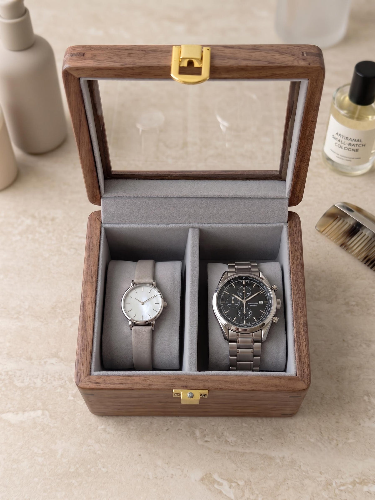 Personalized Walnut Watch Box with Glass Lid, Custom Printed Watch Organizer Case, Mens Watch Storage Display, Gift for Husband Dad Him