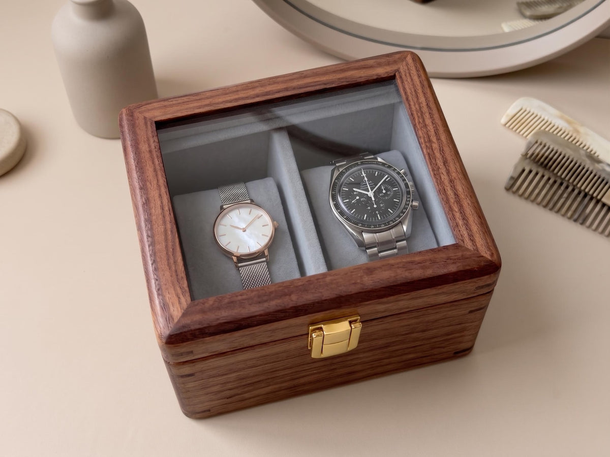 Personalized Walnut Watch Box with Glass Lid, Custom Printed Watch Organizer Case, Mens Watch Storage Display, Gift for Husband Dad Him