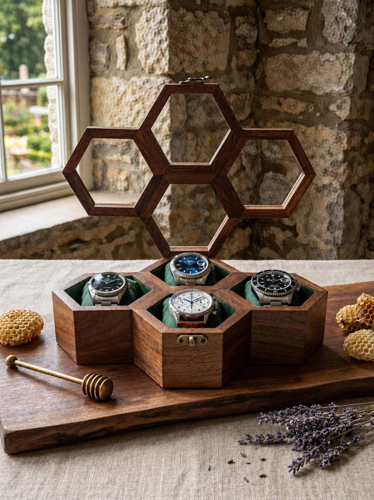 Personalized Honeycomb Watch Box, Indian Rosewood watch Display Case, Engraved Gift