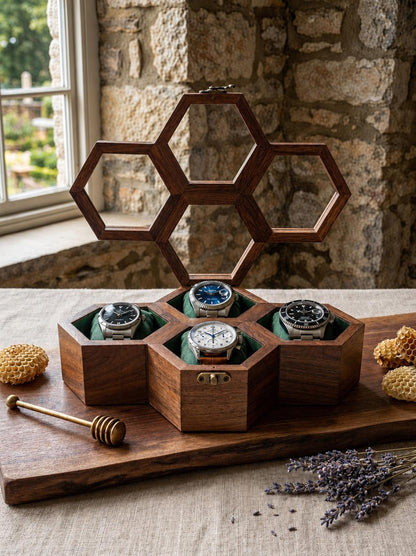 Personalized Honeycomb Watch Box, Indian Rosewood watch Display Case, Engraved Gift