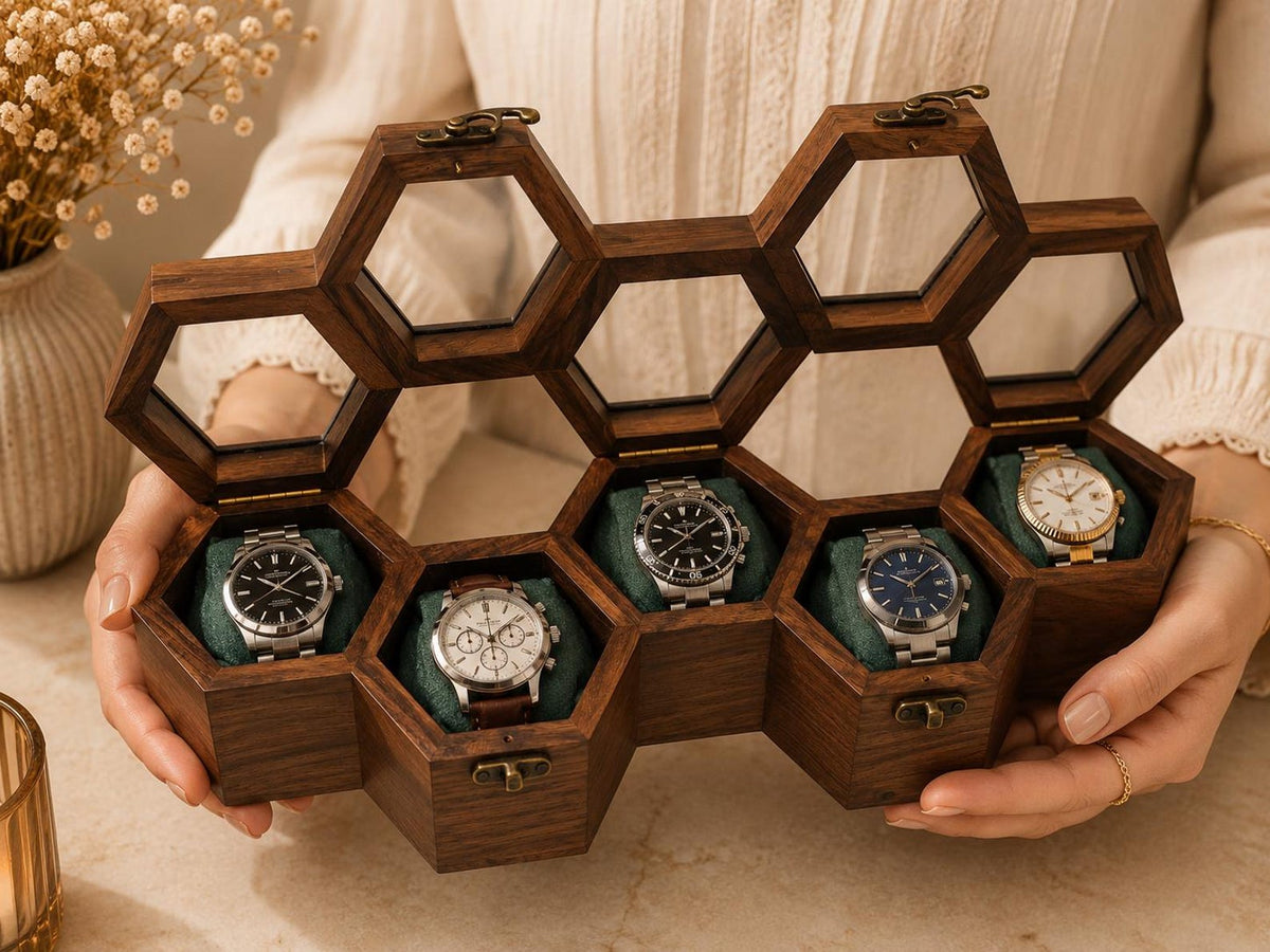 Personalized Honeycomb Watch Box, Indian Rosewood watch Display Case, Engraved Gift