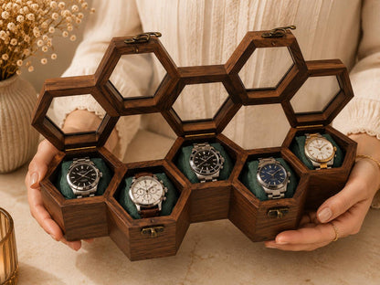 Personalized Honeycomb Watch Box, Indian Rosewood watch Display Case, Engraved Gift