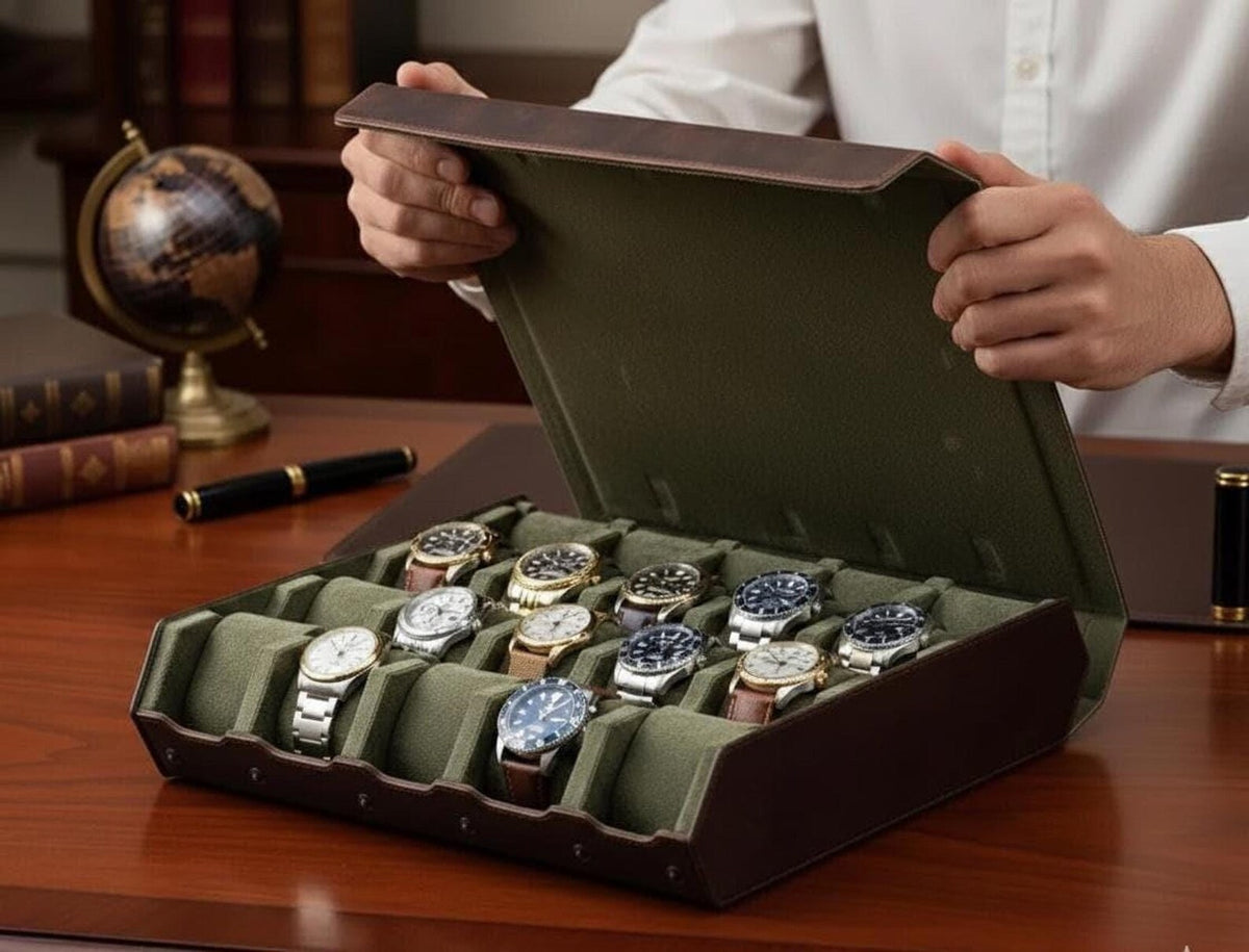 Custom Leather Watch Box – 20 Slot Display Case, Handmade Organizer
